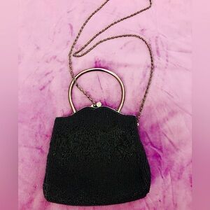 Carlo Fellini Elegant Vintage Beaded Black Handbag with Handle and Chain Strap